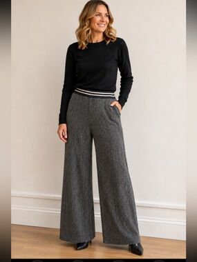 Wide-Leg Knit Pants in Charcoal with Striped Waistband